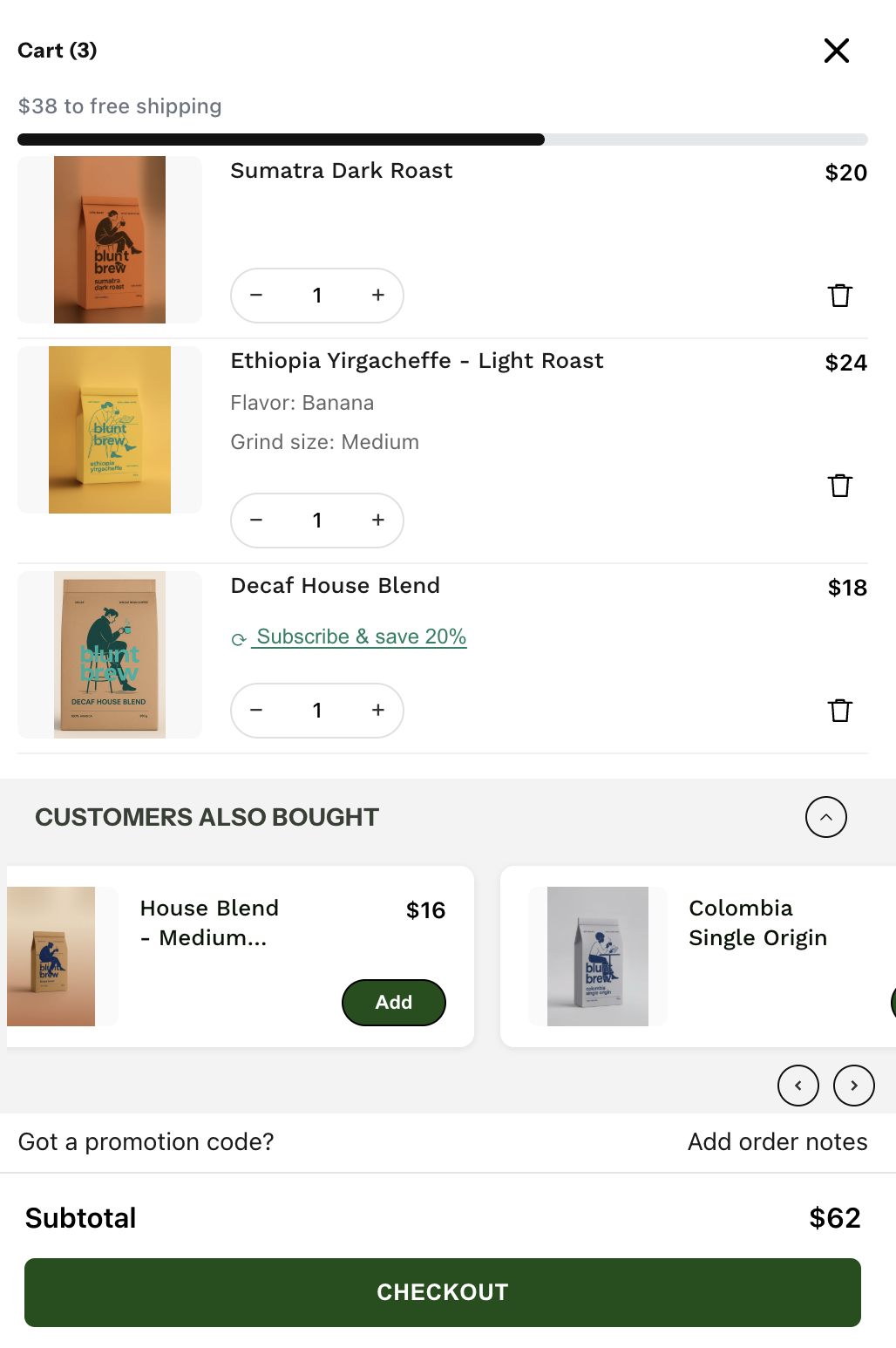 Cart Uplift drawer with recommendations and a free shipping bar